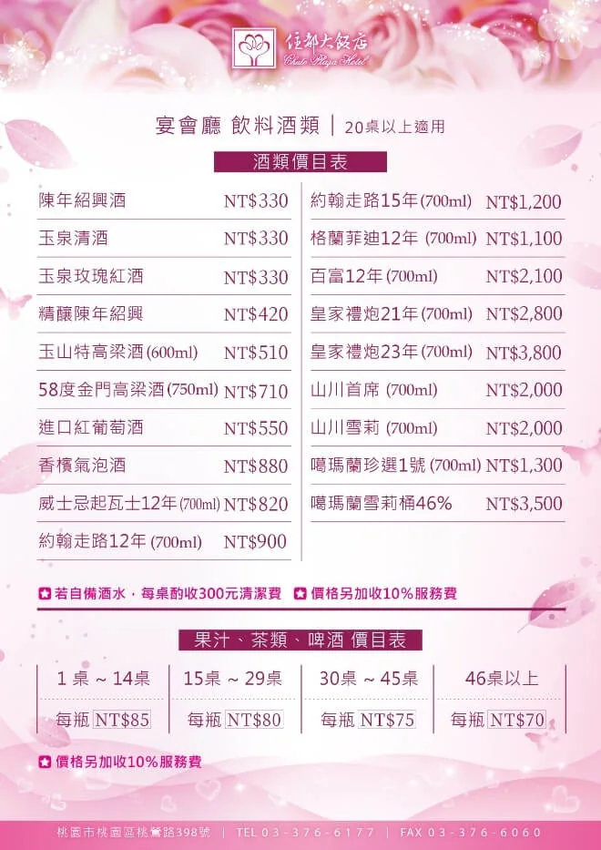 住都喜慶婚宴酒水價目表